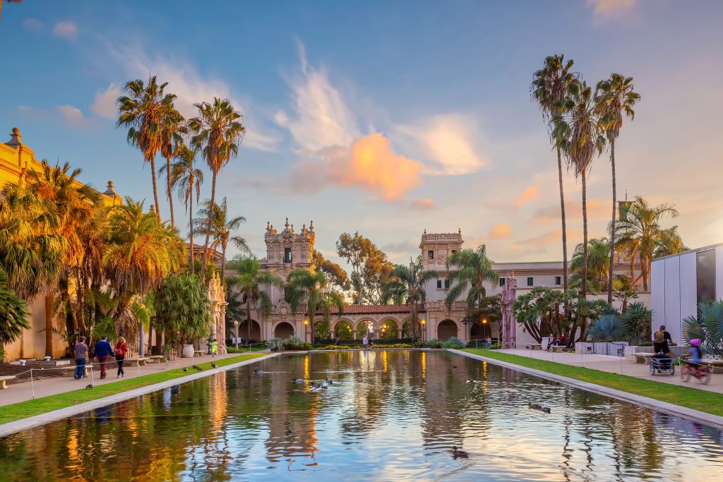San Diego Balboa public park at sunset in California